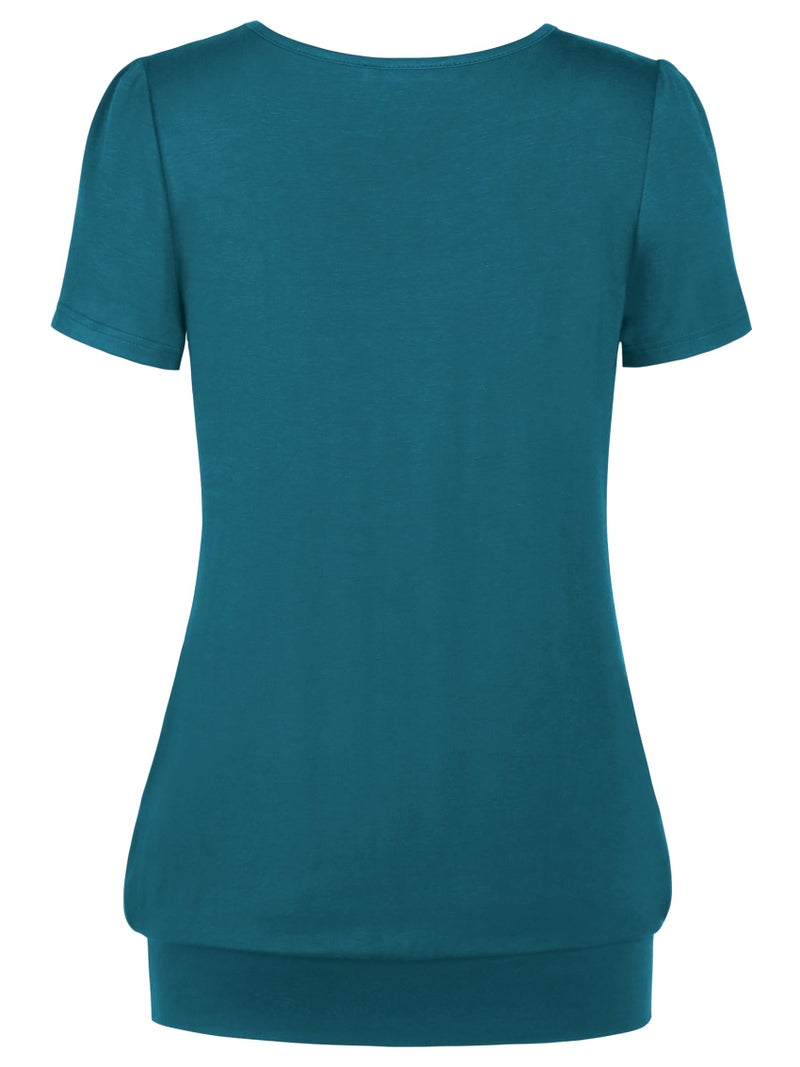 DJT Women's Short Sleeve Summer Tops Scoop Neck Pleated Front Casual Tee T Shirt X-Large Teal - Image 2